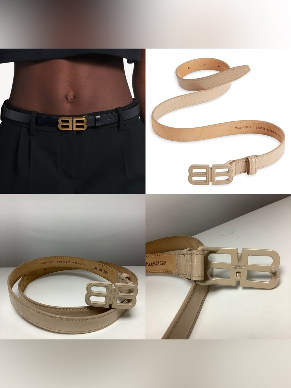 Balenciaga Bb Hourglass Croc Embossed Beige Belt